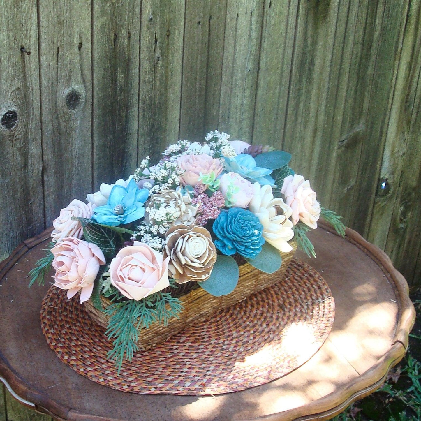 Beautiful Teal and Cream Sola Wood Flower Centerpiece