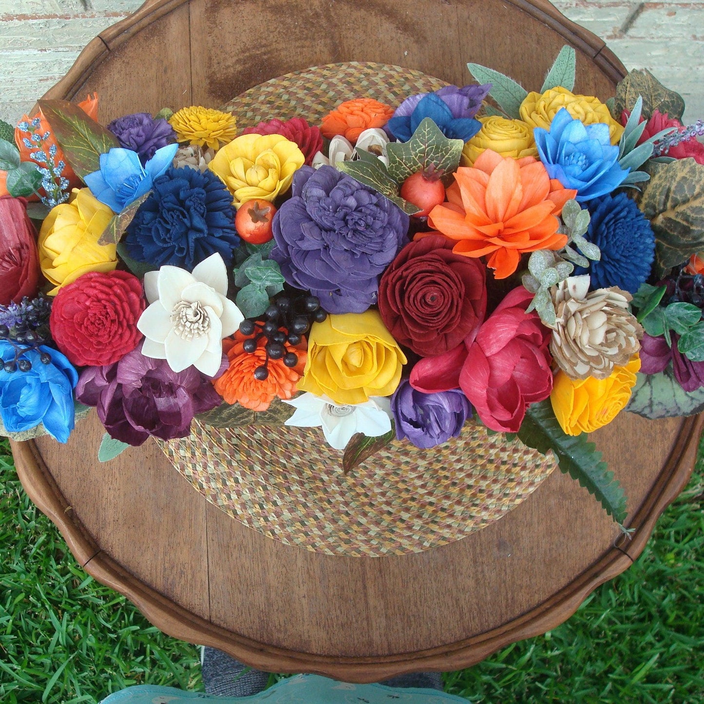 Bright Floral Fall Centerpiece, Oblong Arrangement with hand dyed wood sola flowers