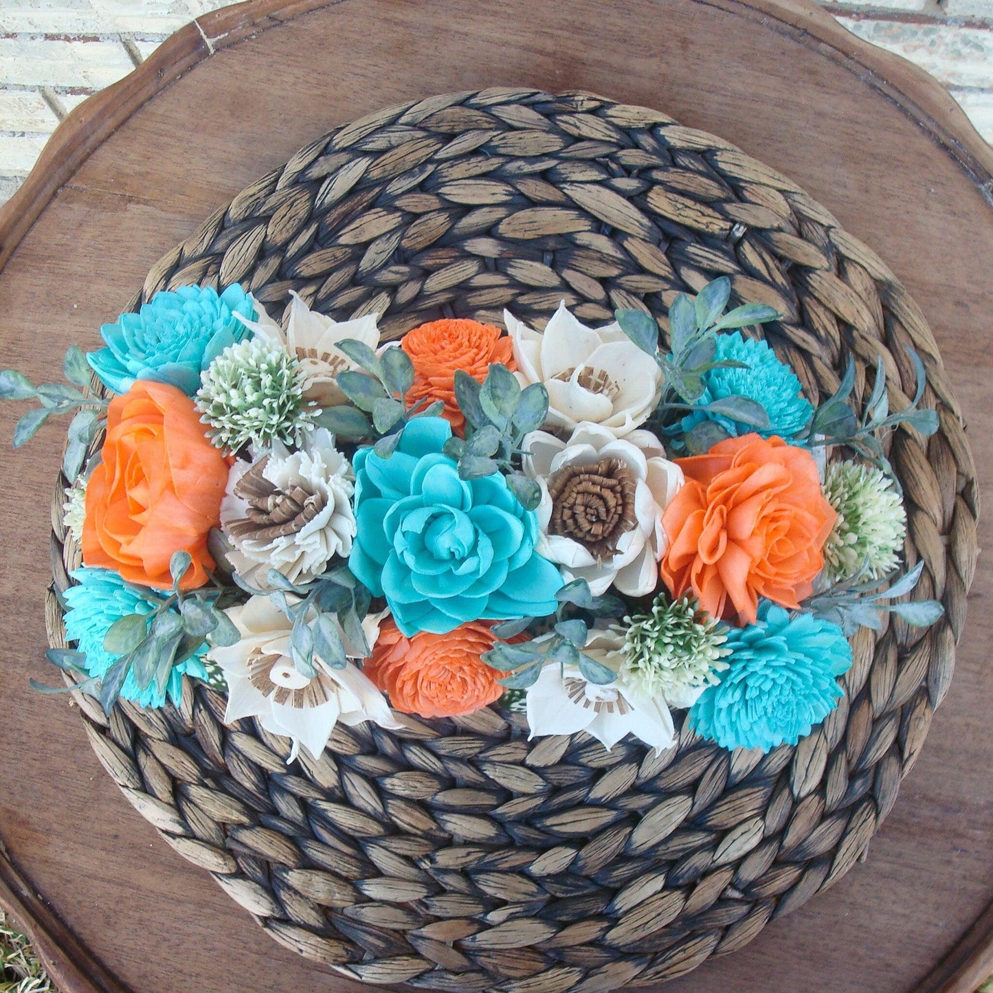 Teal  and Orange Wood Florals, Sola Wood Flowers, Gift for her. Dried Flower Arrangement, Mother's day