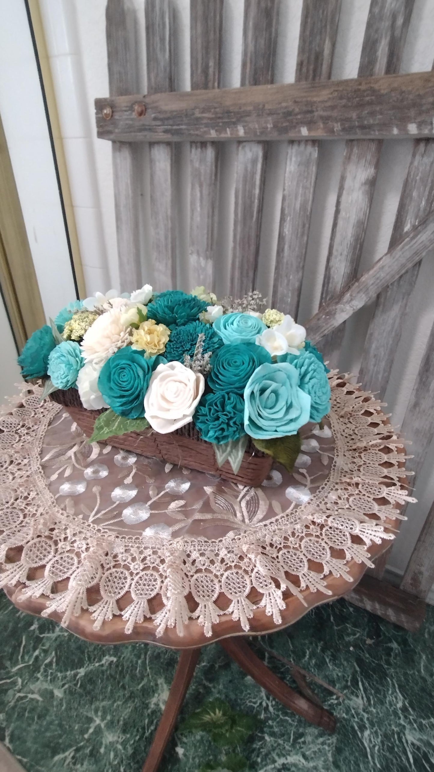 Beautiful Teal and Cream flowers in a full and lush arrangement in a beautiful basket, Sola Wood Flowers, Farmhouse Decor