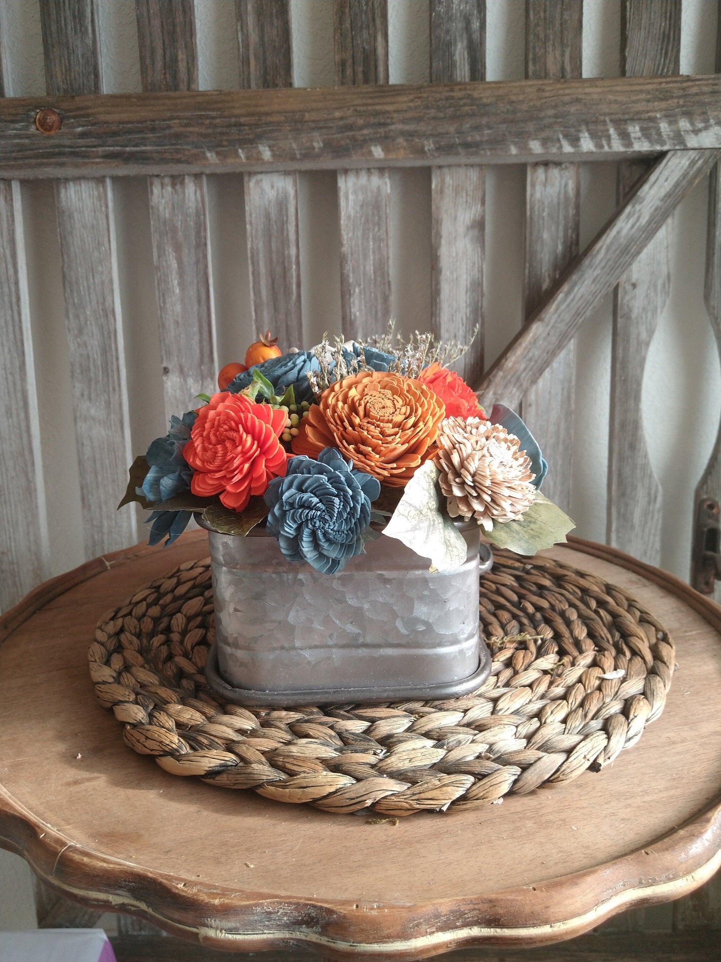 Fall oranges and Blue Sola Wood Flowers in Metal drawer