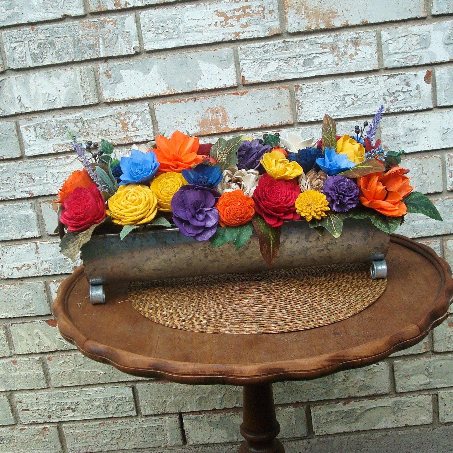 Bright Floral Fall Centerpiece, Oblong Arrangement with hand dyed wood sola flowers