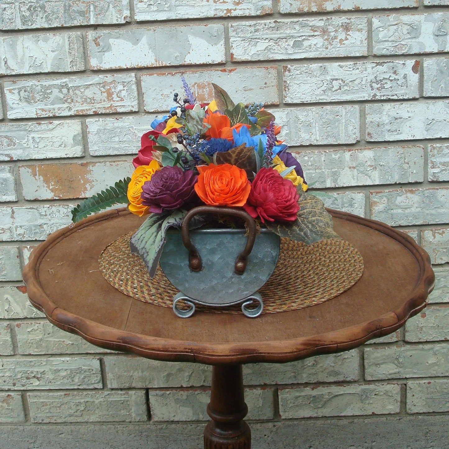 Bright Floral Fall Centerpiece, Oblong Arrangement with hand dyed wood sola flowers