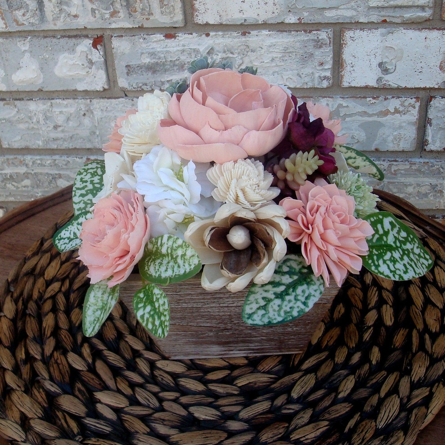 Pinks, white and burgandy florals in a wood box. Perfect for Mother's Day