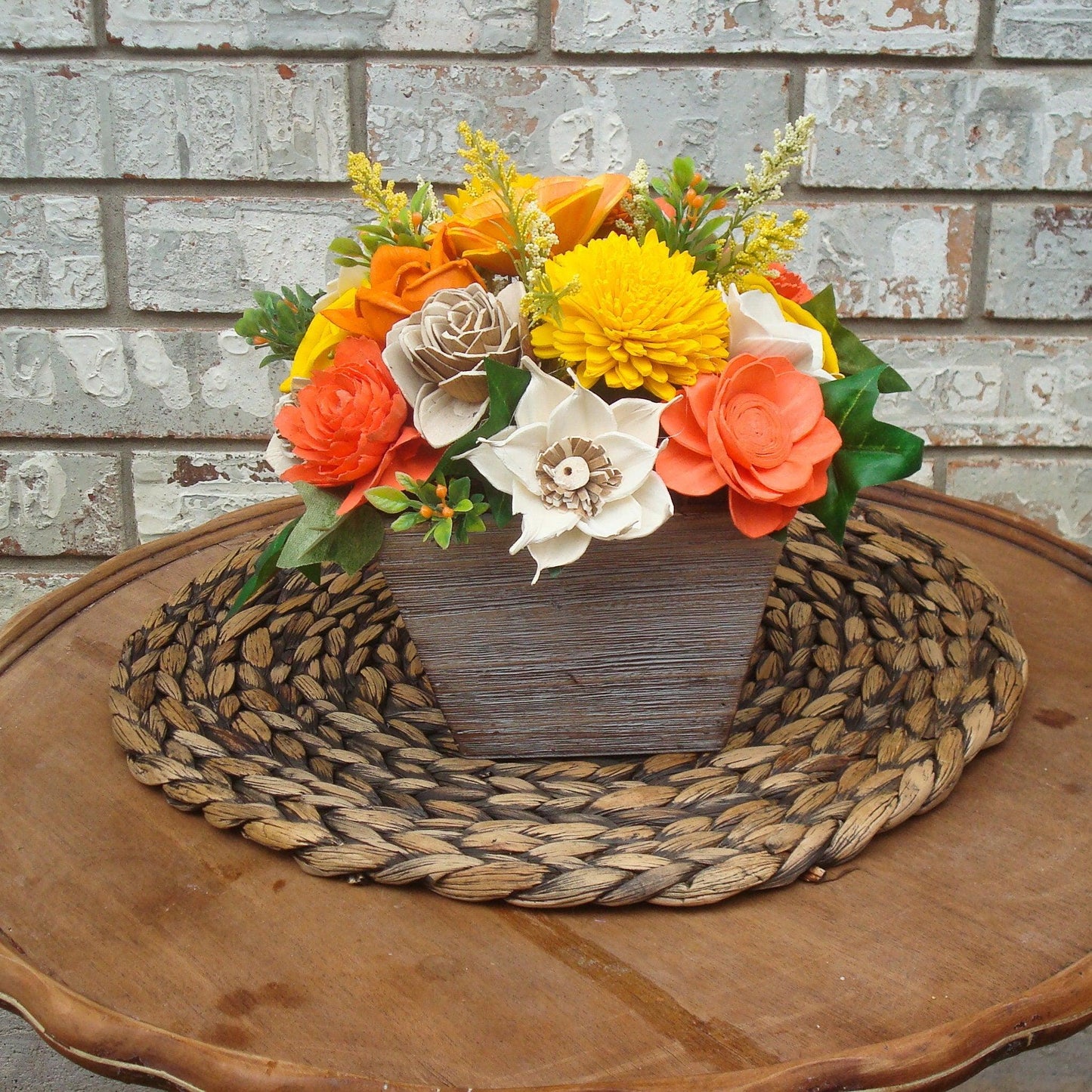 Orange and Yellow Sola Flowers, Wood Flower Arrangement