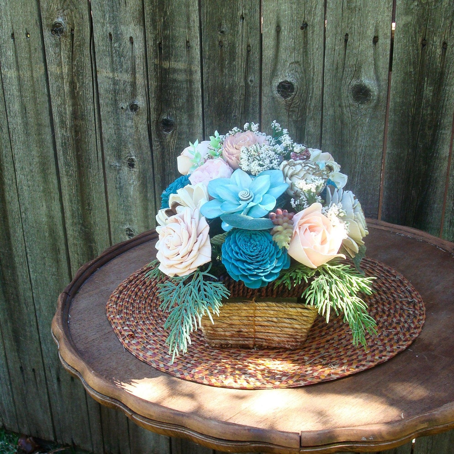 Beautiful Teal and Cream Sola Wood Flower Centerpiece