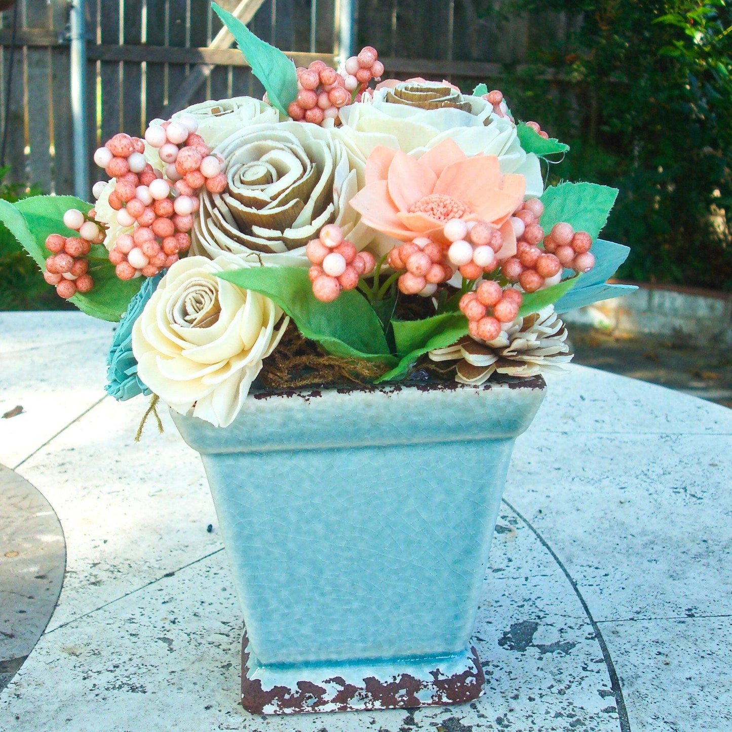 Wood Sola Flower Arrangement, Peaches/natual/ and blues in adorable ceramic vase. Get Well Flowers, Shower Centerpiece, Wedding Centerpiece