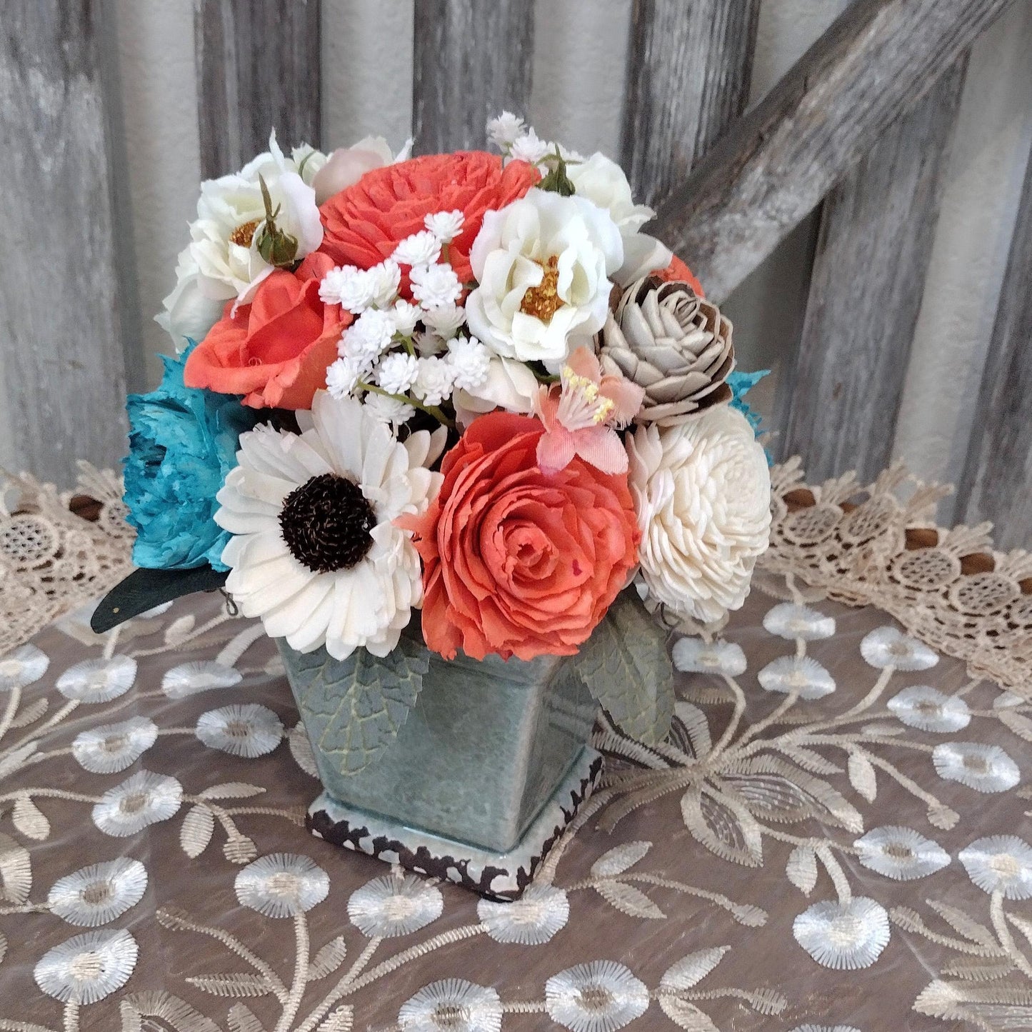 Teal and Coral Sola Wood Flowers