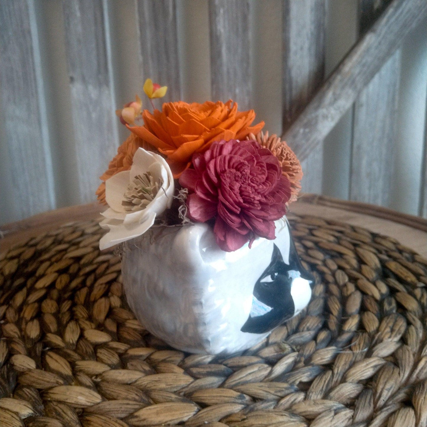 Sola Wood Flowers in a Racoon planter, Gift for her, Forest animals Decor, Approx  7X7X5