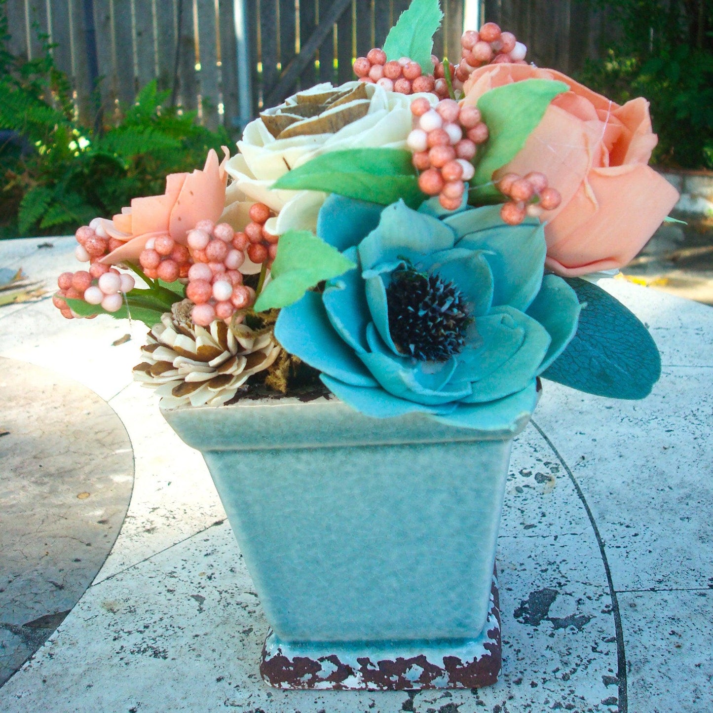 Wood Sola Flower Arrangement, Peaches/natual/ and blues in adorable ceramic vase. Get Well Flowers, Shower Centerpiece, Wedding Centerpiece