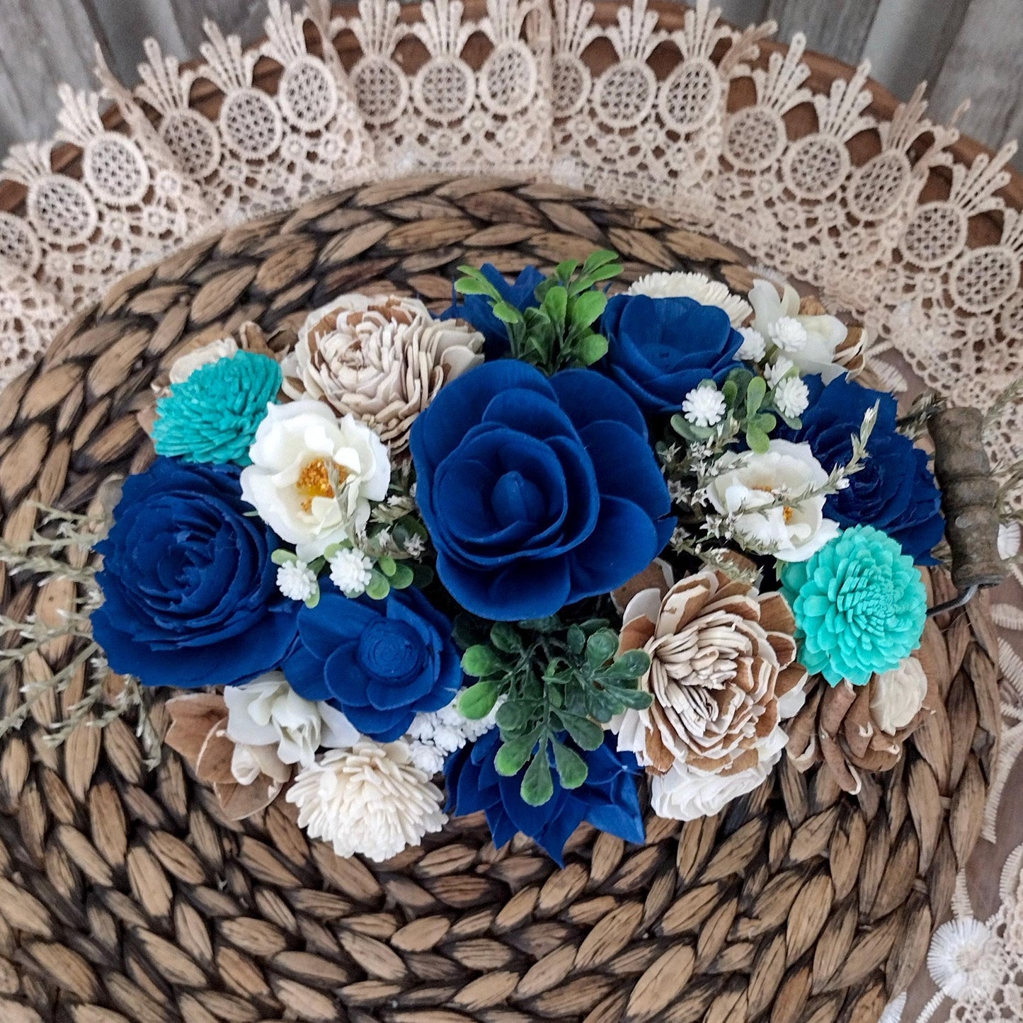 Navy teal and natural sola wood flower centerpiece, gift for her