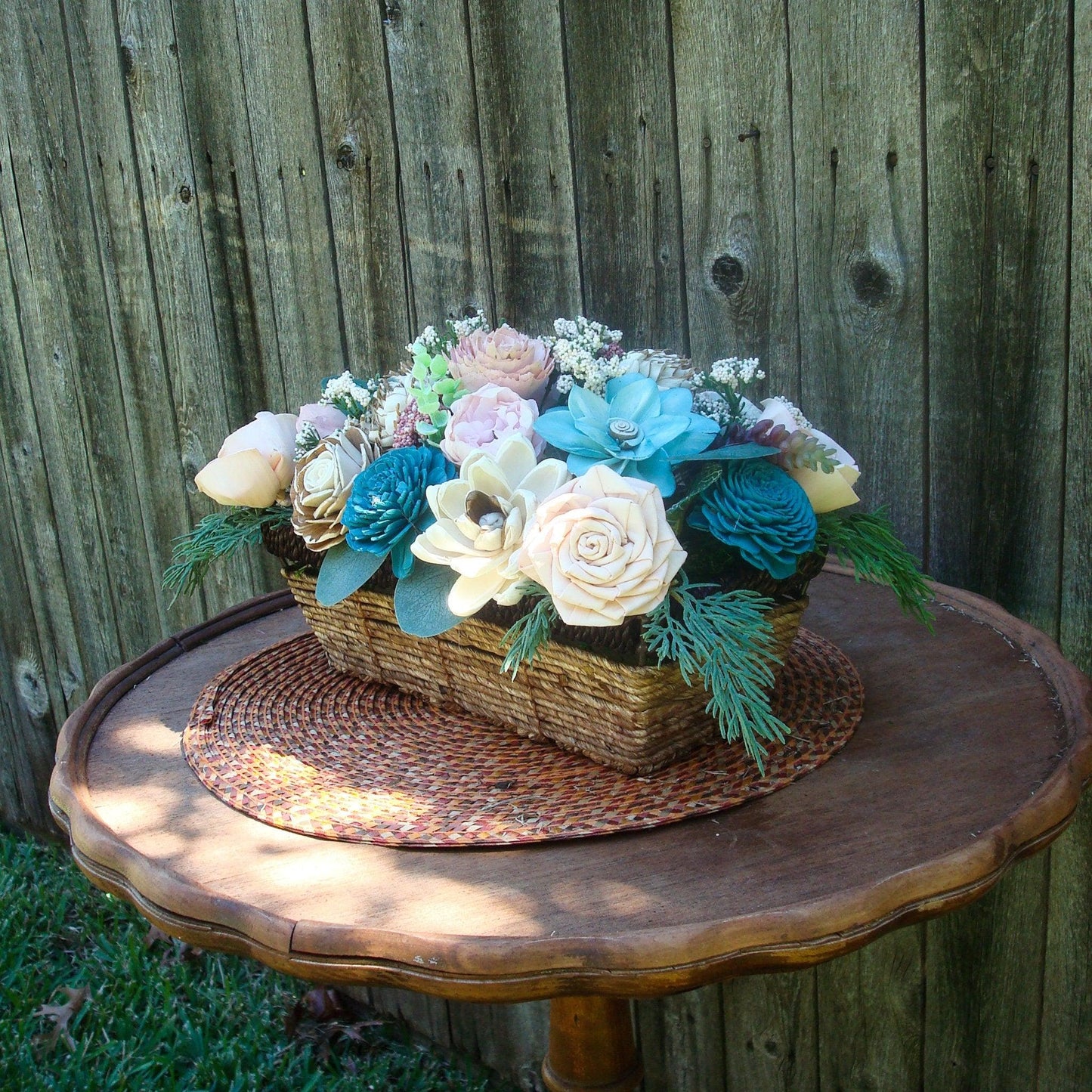 Beautiful Teal and Cream Sola Wood Flower Centerpiece