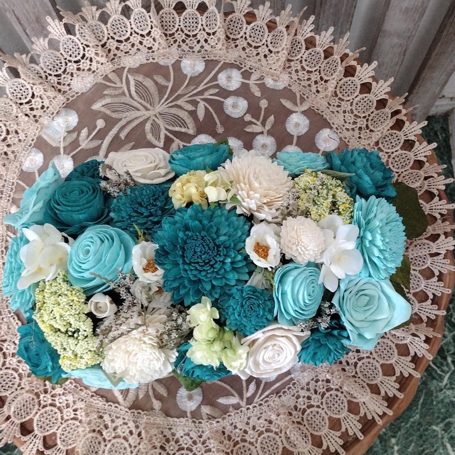 Beautiful Teal and Cream flowers in a full and lush arrangement in a beautiful basket, Sola Wood Flowers, Farmhouse Decor