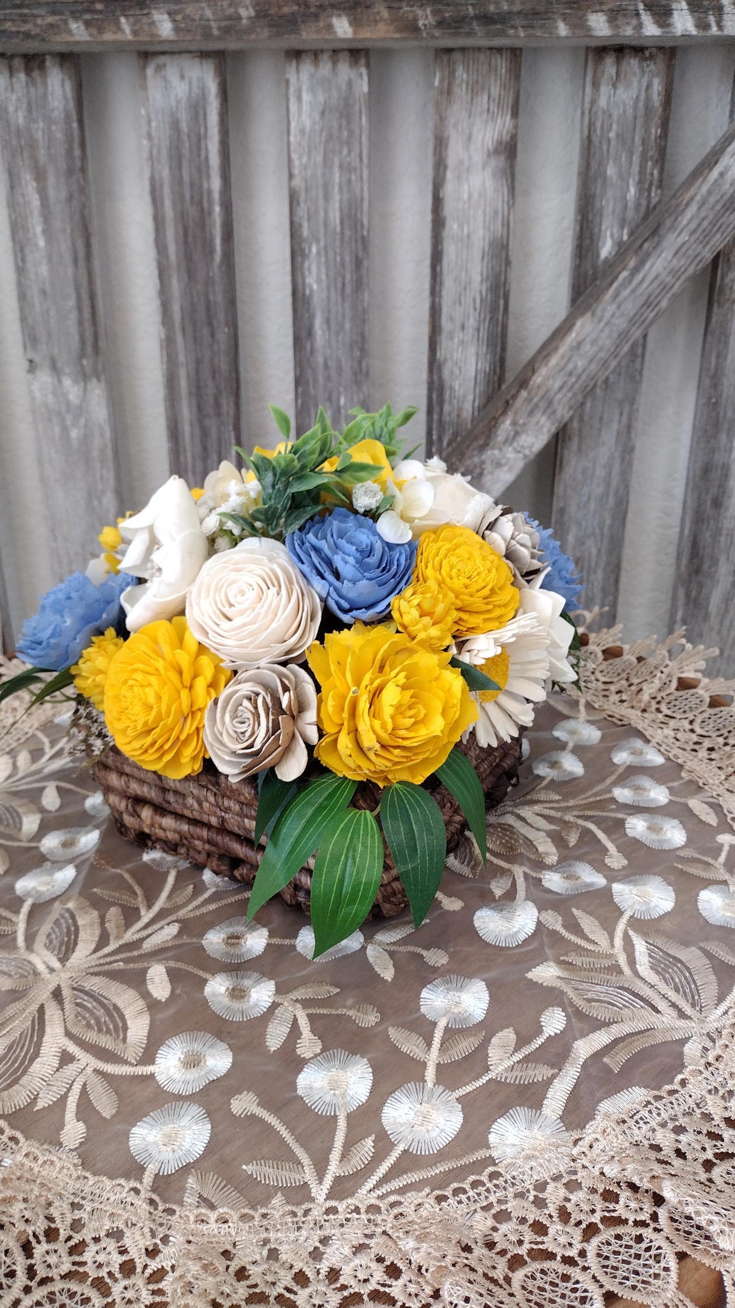 Beautiful Sola Wood flower arrangement in Yellow and Blue