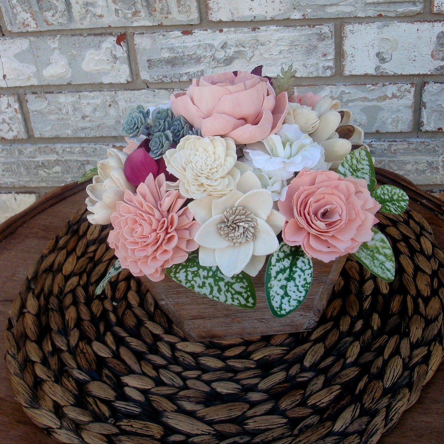 Pinks, white and burgandy florals in a wood box. Perfect for Mother's Day