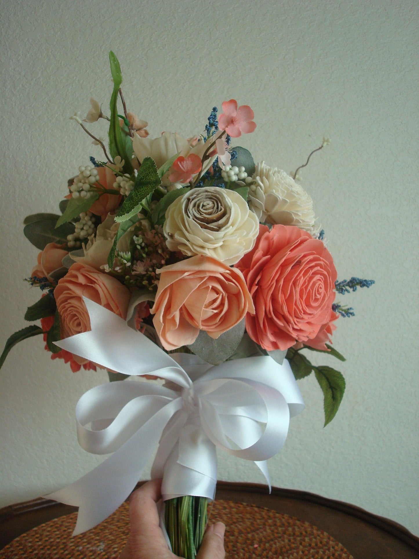 Wooden Flower Bouquet, Blue and Peach, Boho Wedding, Keepsake Bridal Bouquet