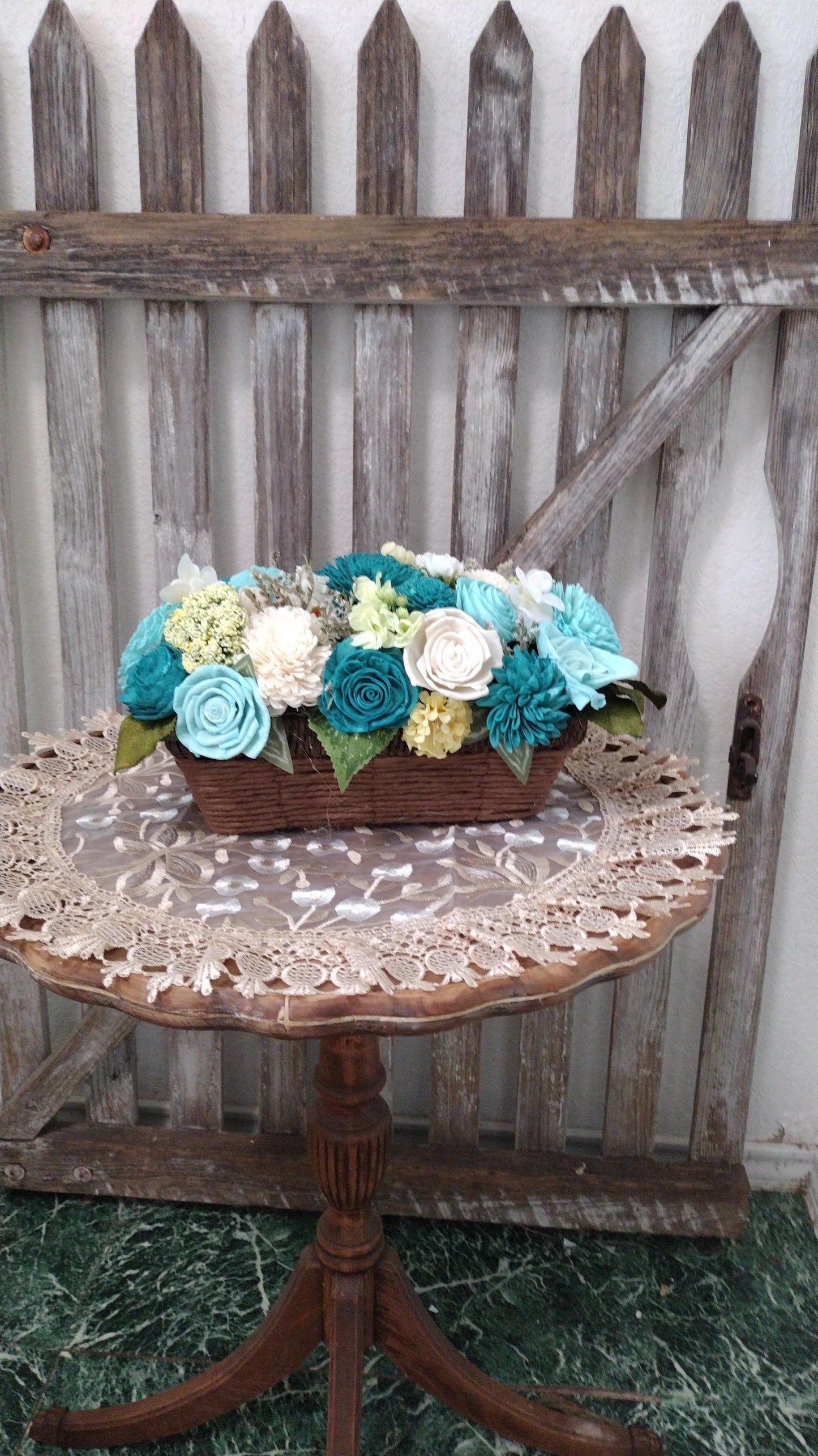 Beautiful Teal and Cream flowers in a full and lush arrangement in a beautiful basket, Sola Wood Flowers, Farmhouse Decor