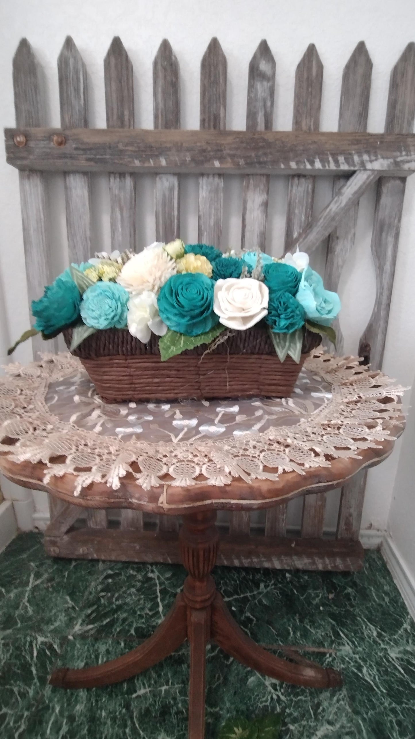 Beautiful Teal and Cream flowers in a full and lush arrangement in a beautiful basket, Sola Wood Flowers, Farmhouse Decor