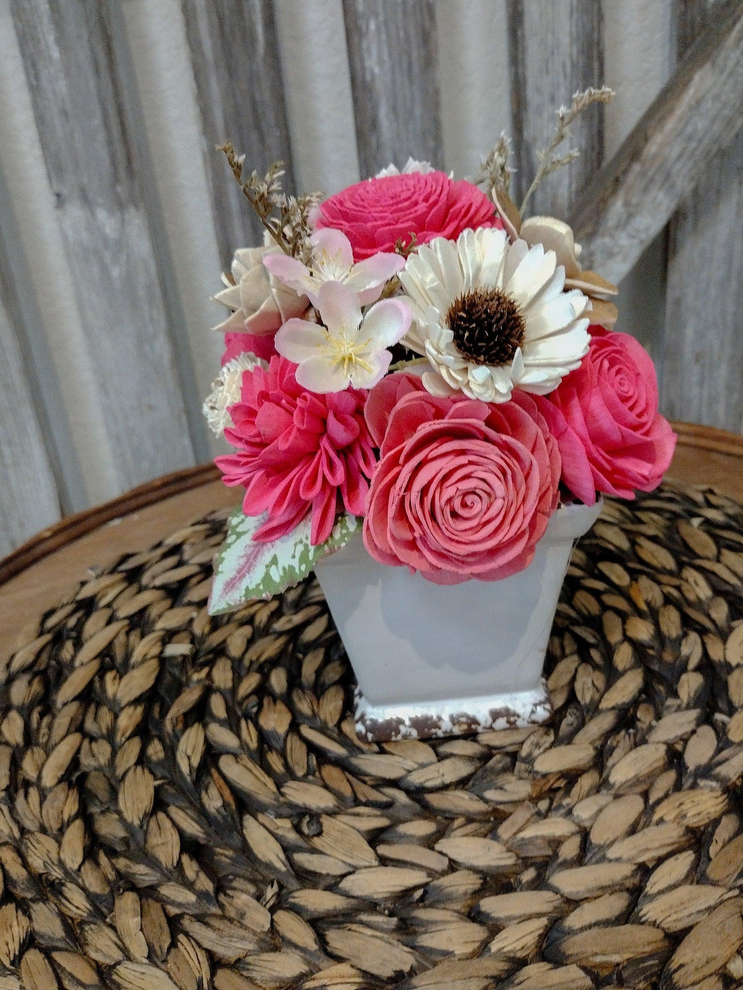 Bright  Pink and Ivory Farmhouse Centerpiece - Keepsake Sola Flower Arrangement