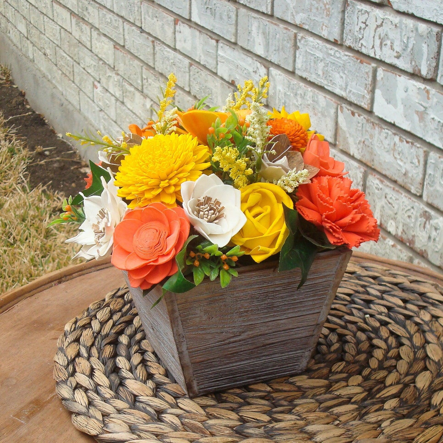 Orange and Yellow Sola Flowers, Wood Flower Arrangement