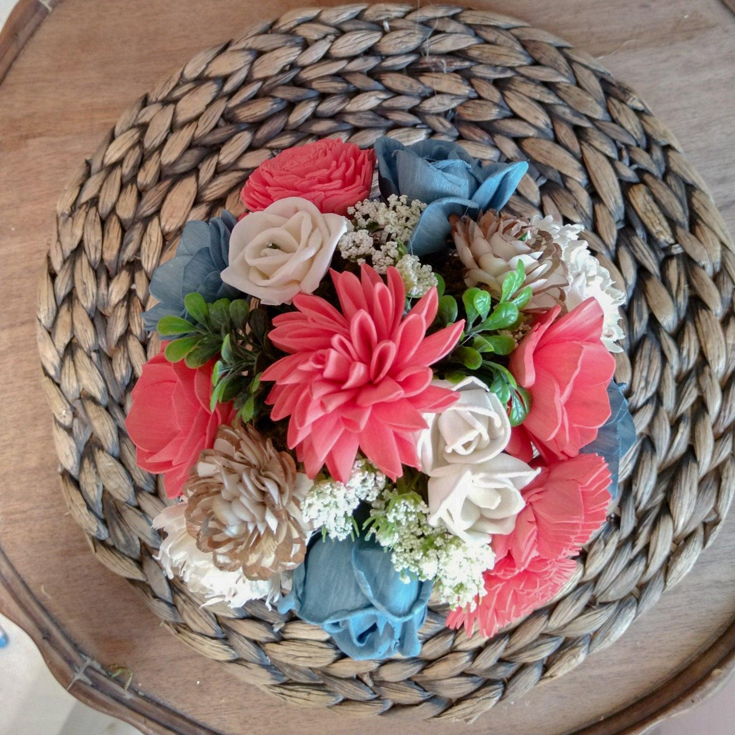 Blue and Coral Sola Wood Flower Arrangement