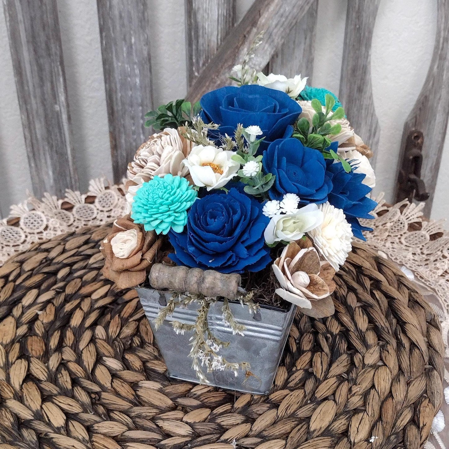 Navy teal and natural sola wood flower centerpiece, gift for her