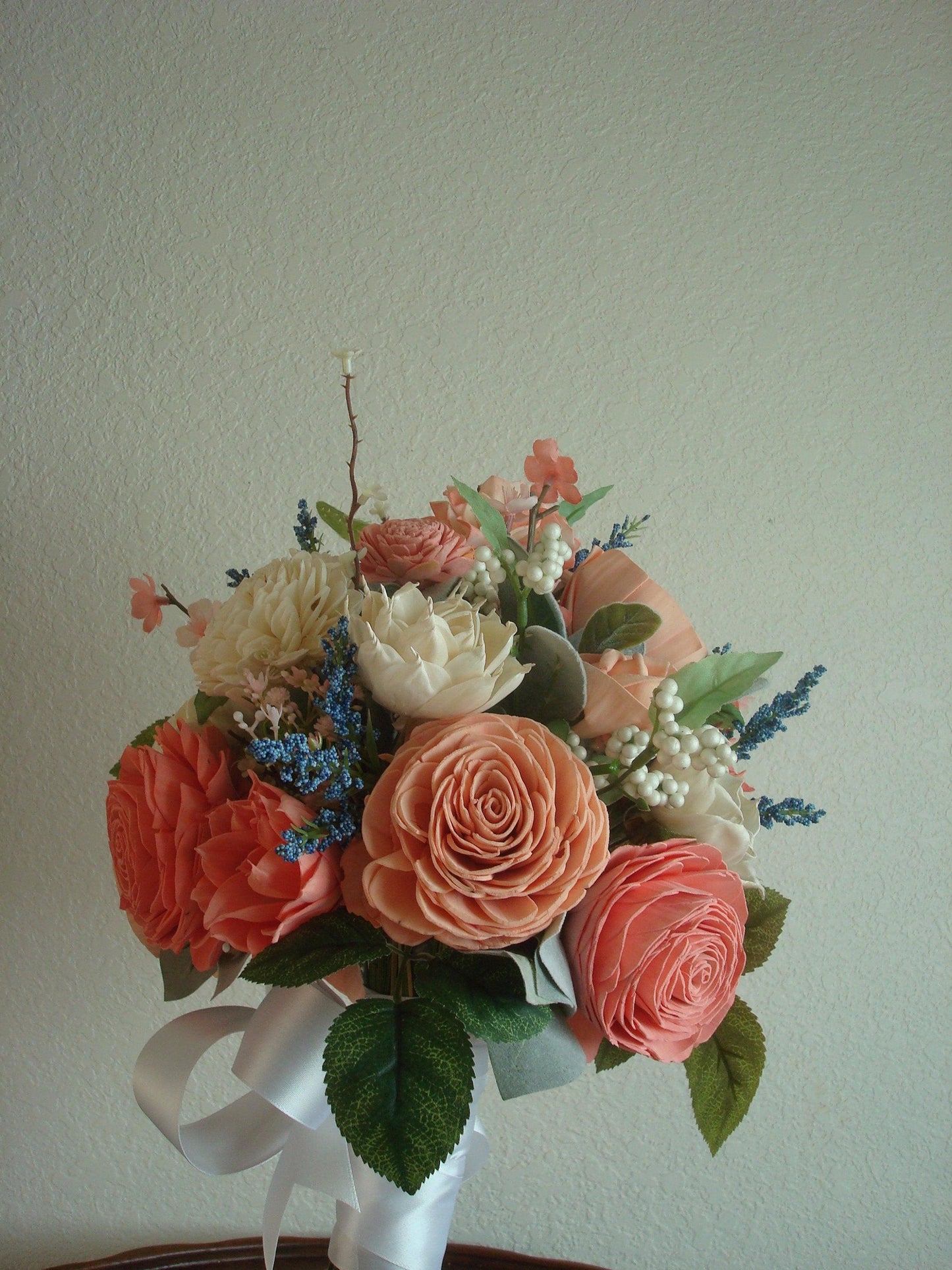 Wooden Flower Bouquet, Blue and Peach, Boho Wedding, Keepsake Bridal Bouquet