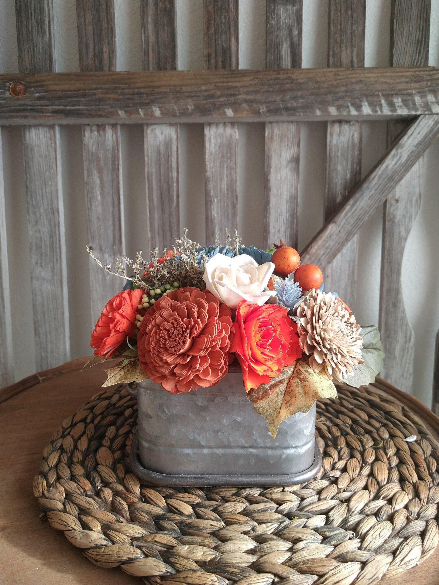 Fall oranges and Blue Sola Wood Flowers in Metal drawer