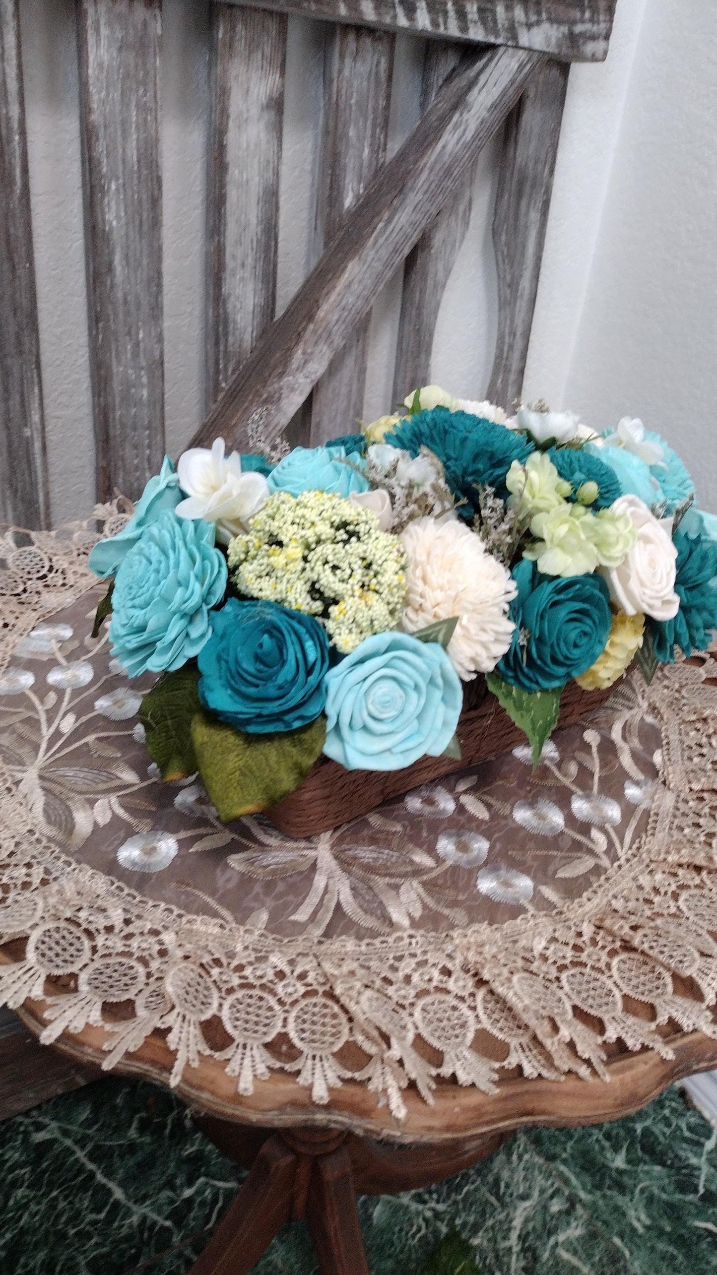 Beautiful Teal and Cream flowers in a full and lush arrangement in a beautiful basket, Sola Wood Flowers, Farmhouse Decor