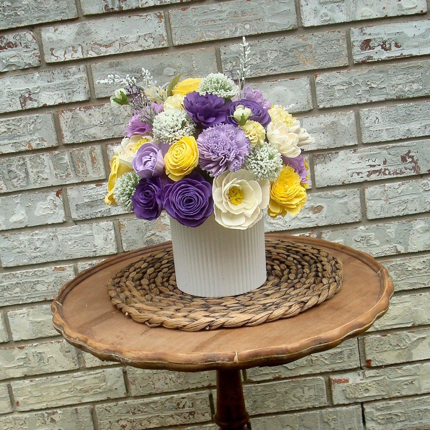 Large purple and yellow centerpiece, Gift for her, Sola Wood Flowers