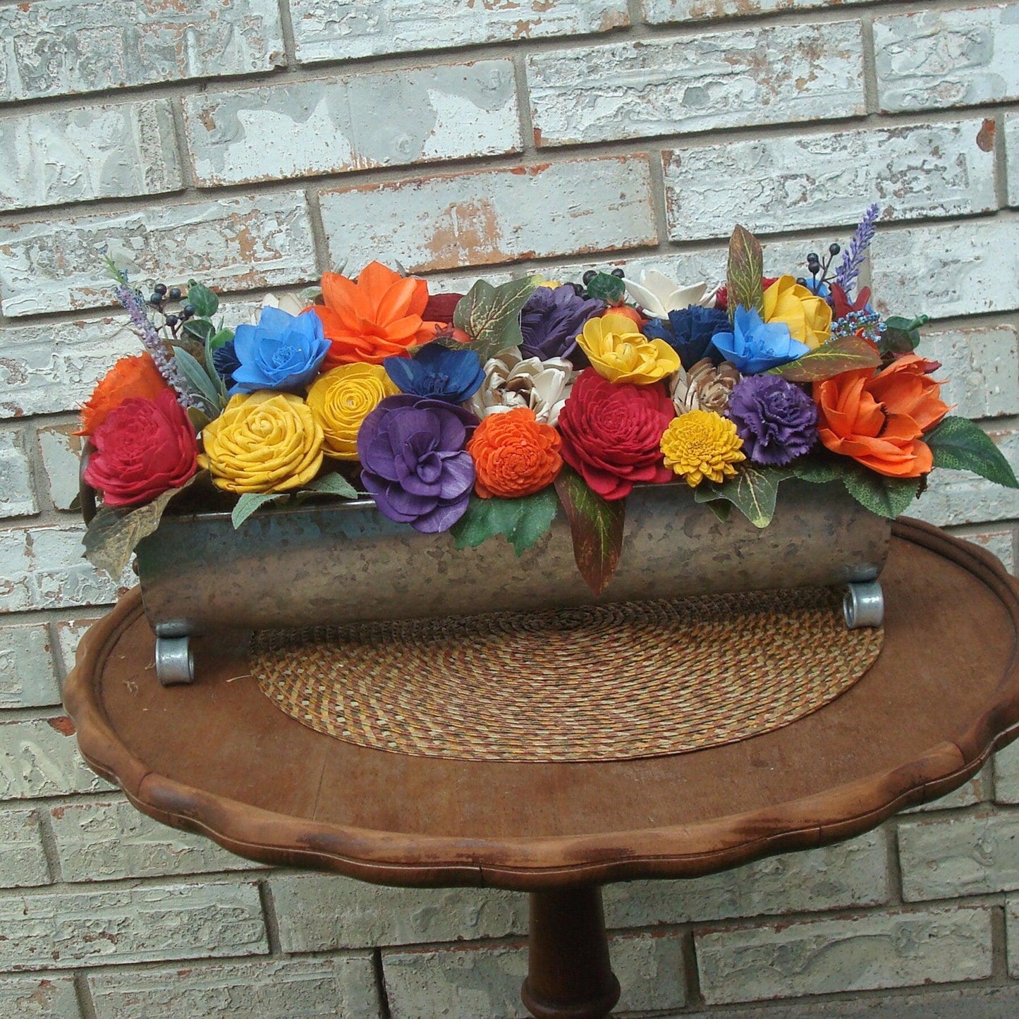 Bright Floral Fall Centerpiece, Oblong Arrangement with hand dyed wood sola flowers