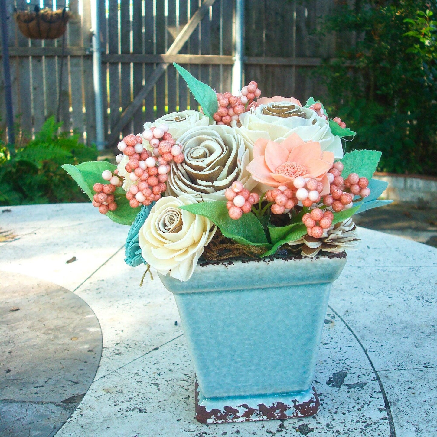 Wood Sola Flower Arrangement, Peaches/natual/ and blues in adorable ceramic vase. Get Well Flowers, Shower Centerpiece, Wedding Centerpiece