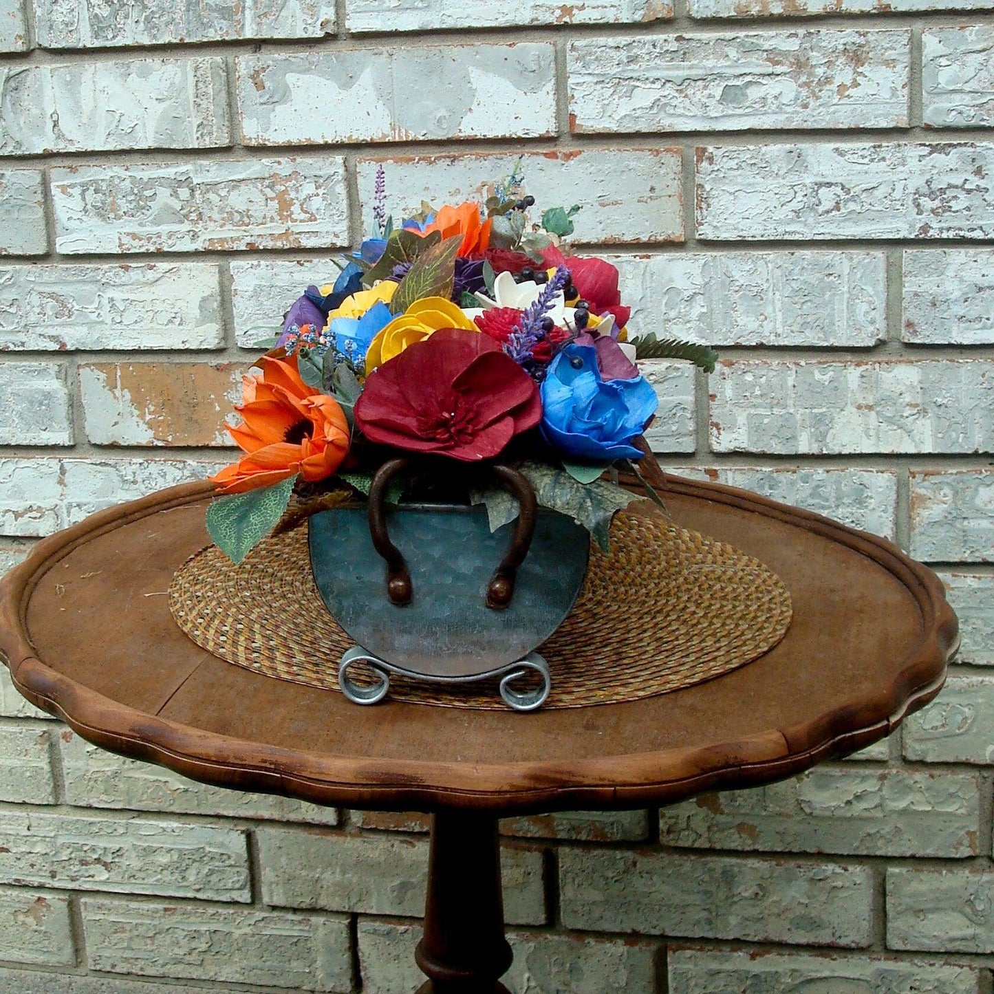 Bright Floral Fall Centerpiece, Oblong Arrangement with hand dyed wood sola flowers