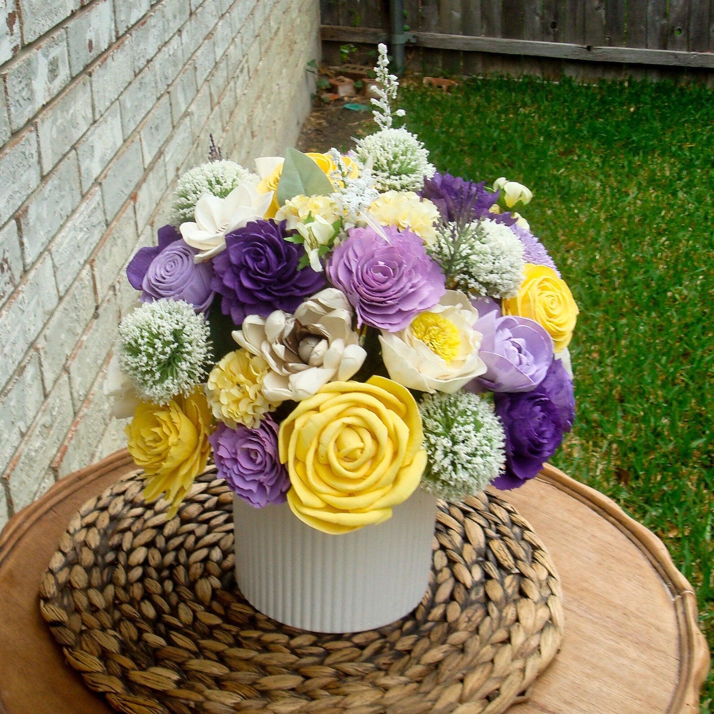 Large purple and yellow centerpiece, Gift for her, Sola Wood Flowers