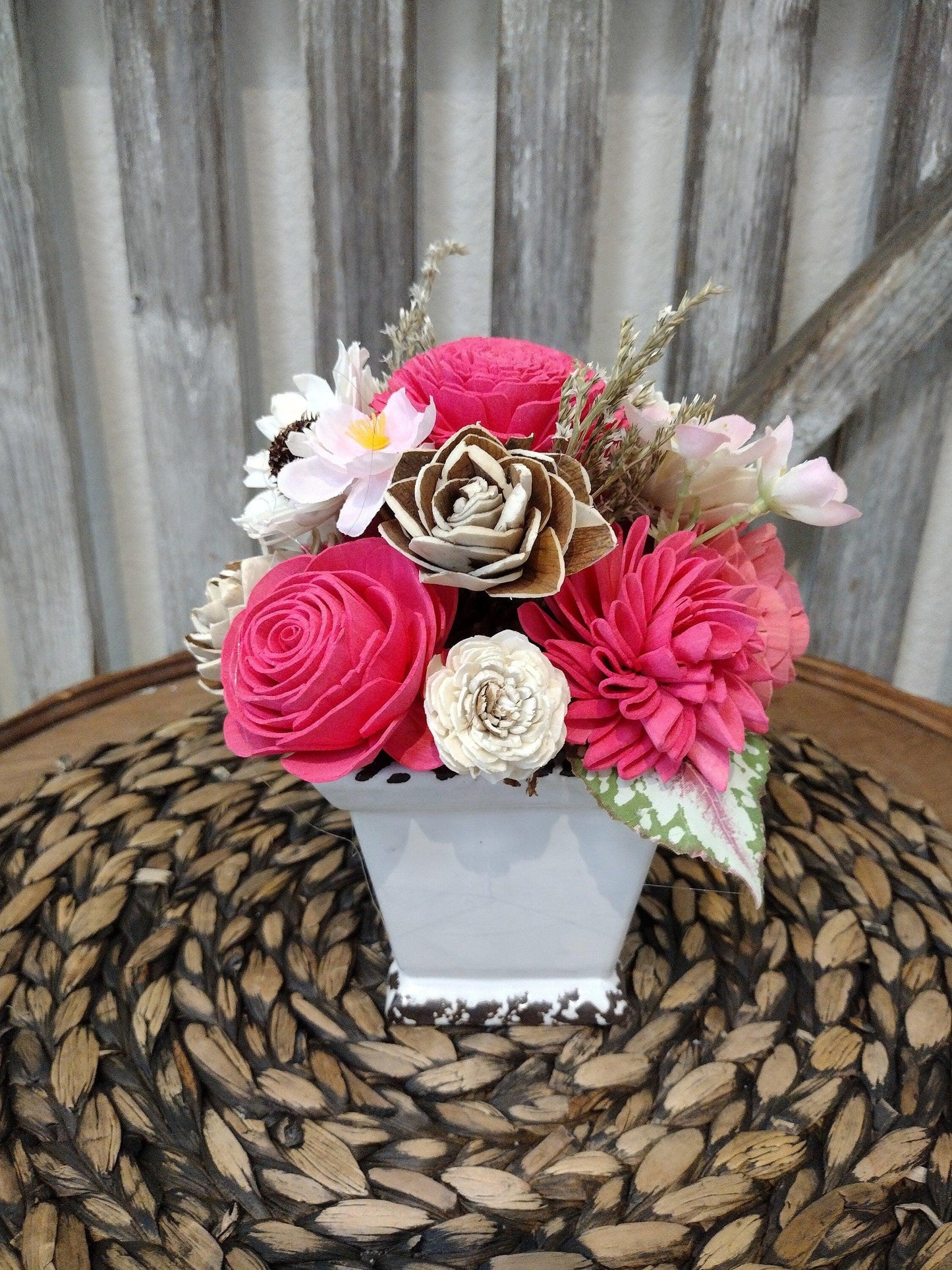 Bright  Pink and Ivory Farmhouse Centerpiece - Keepsake Sola Flower Arrangement