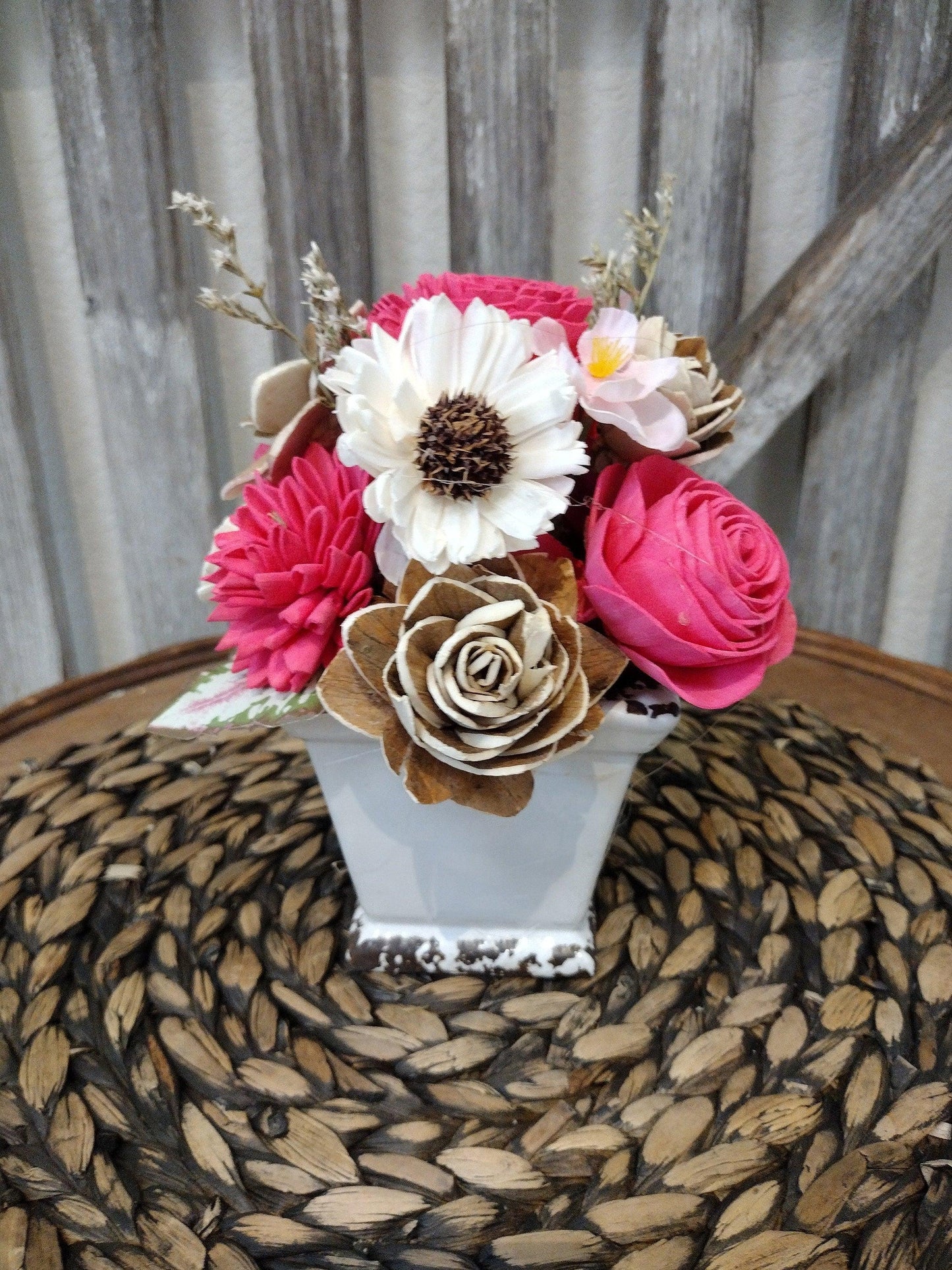 Bright  Pink and Ivory Farmhouse Centerpiece - Keepsake Sola Flower Arrangement