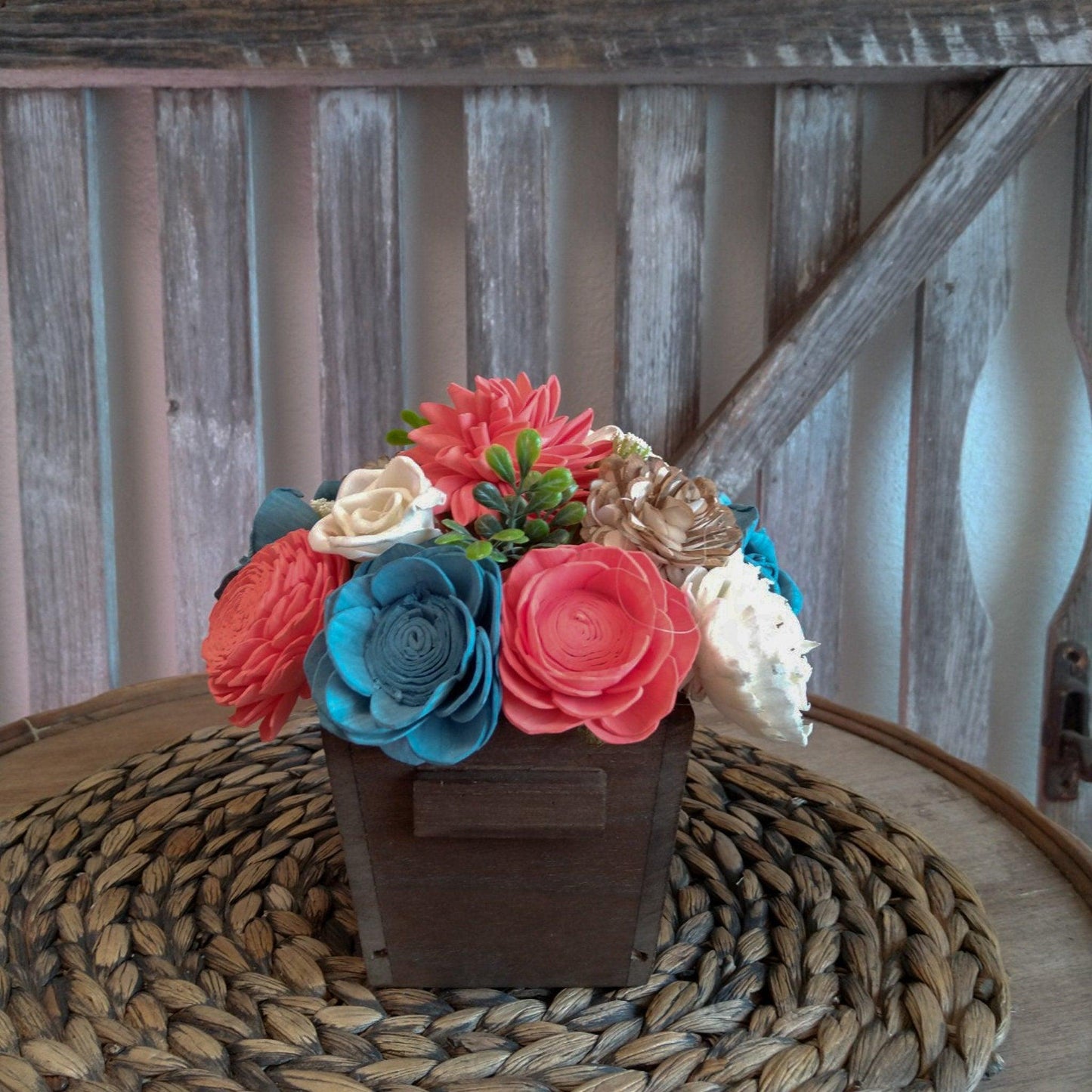 Blue and Coral Sola Wood Flower Arrangement