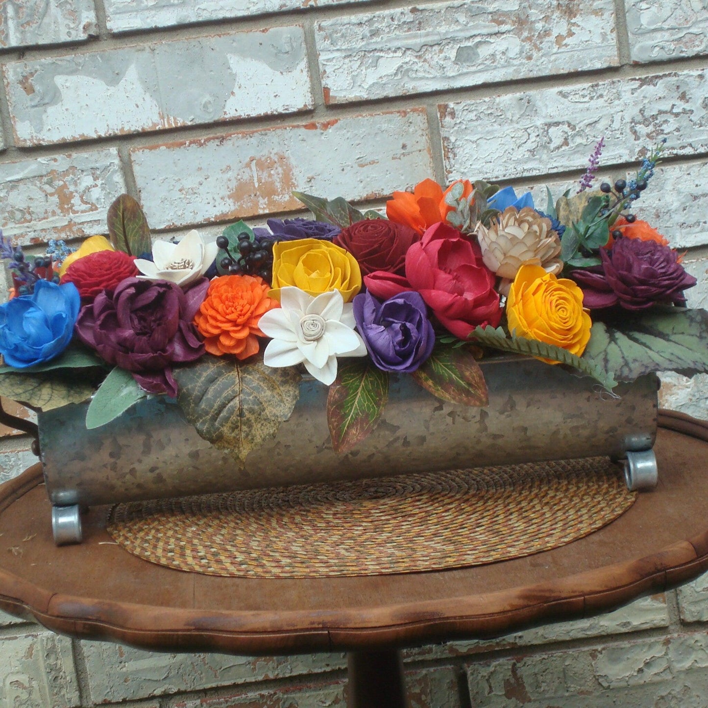 Bright Floral Fall Centerpiece, Oblong Arrangement with hand dyed wood sola flowers