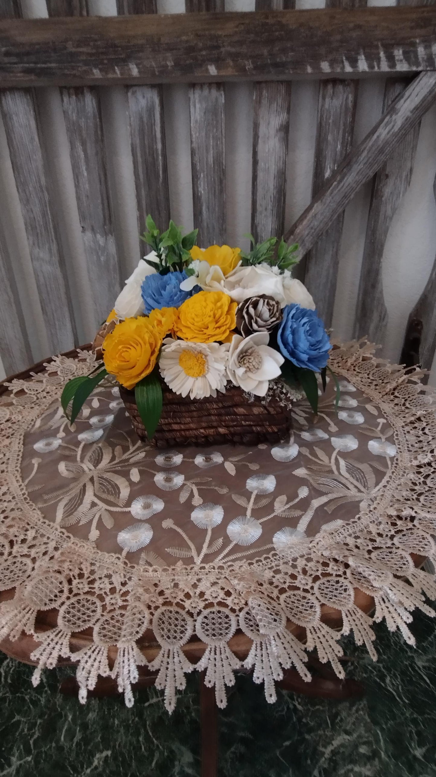 Beautiful Sola Wood flower arrangement in Yellow and Blue