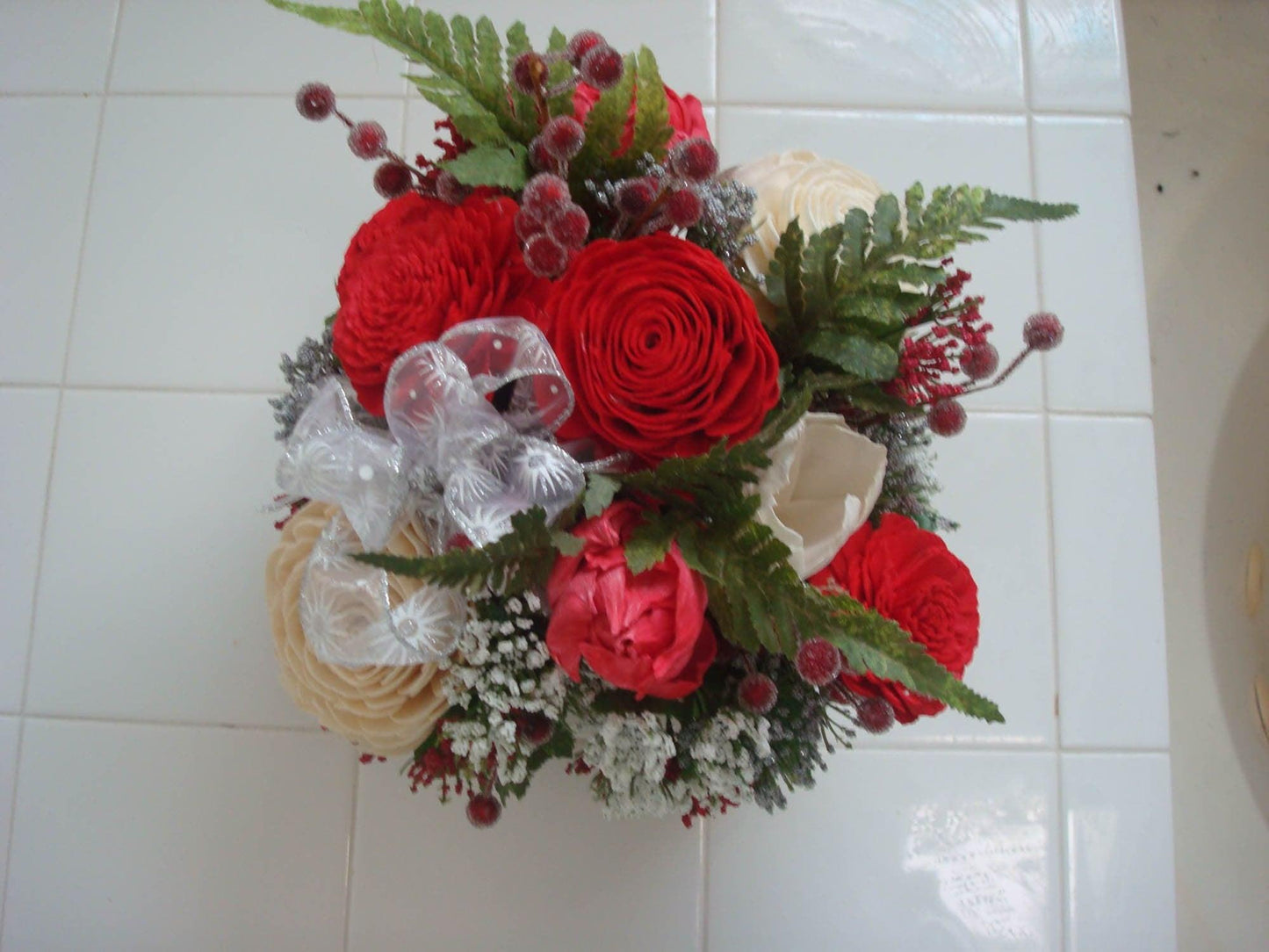 Holiday decoration,  Christmas Centerpiece with berries and sola wood flowers in a wood box, gift