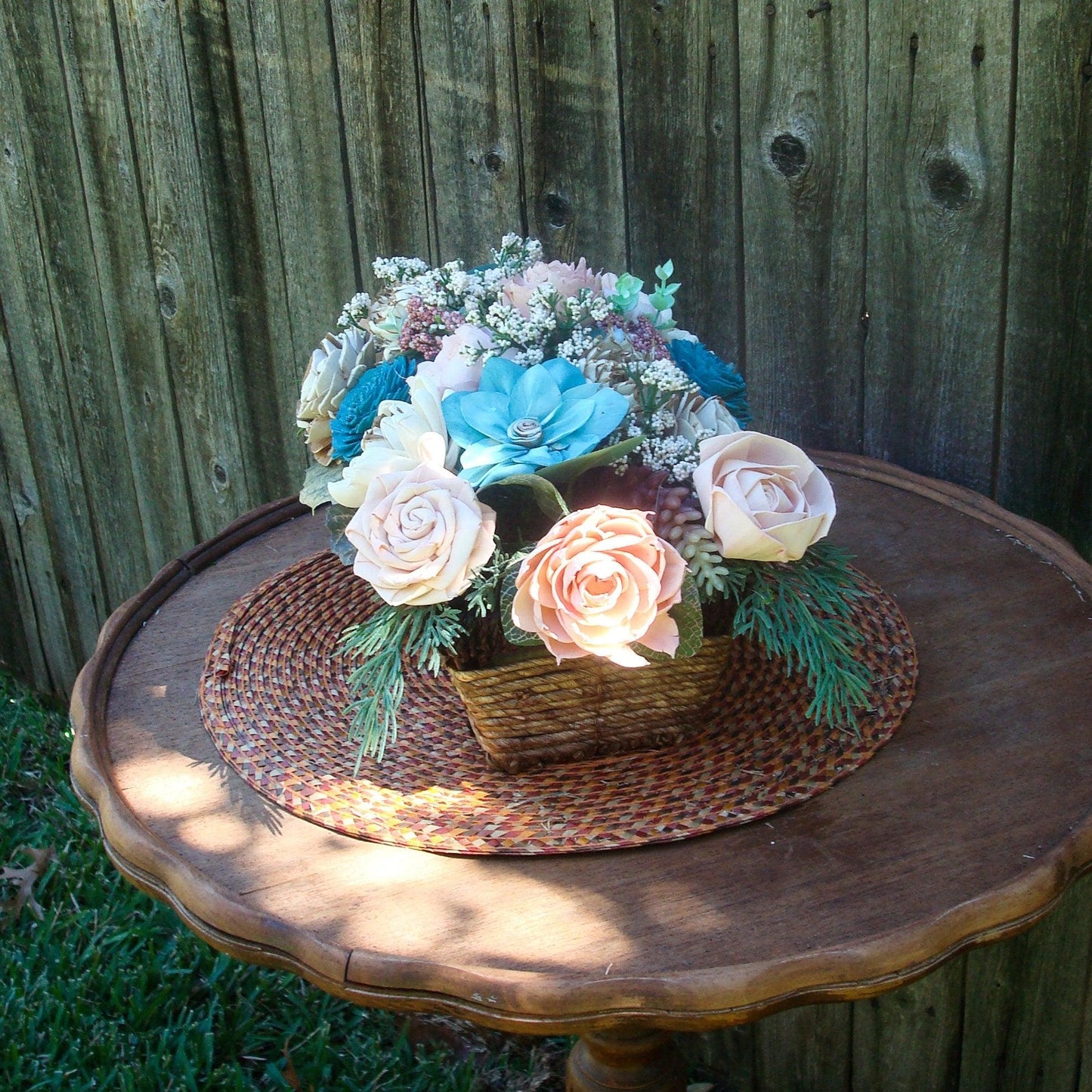 Beautiful Teal and Cream Sola Wood Flower Centerpiece