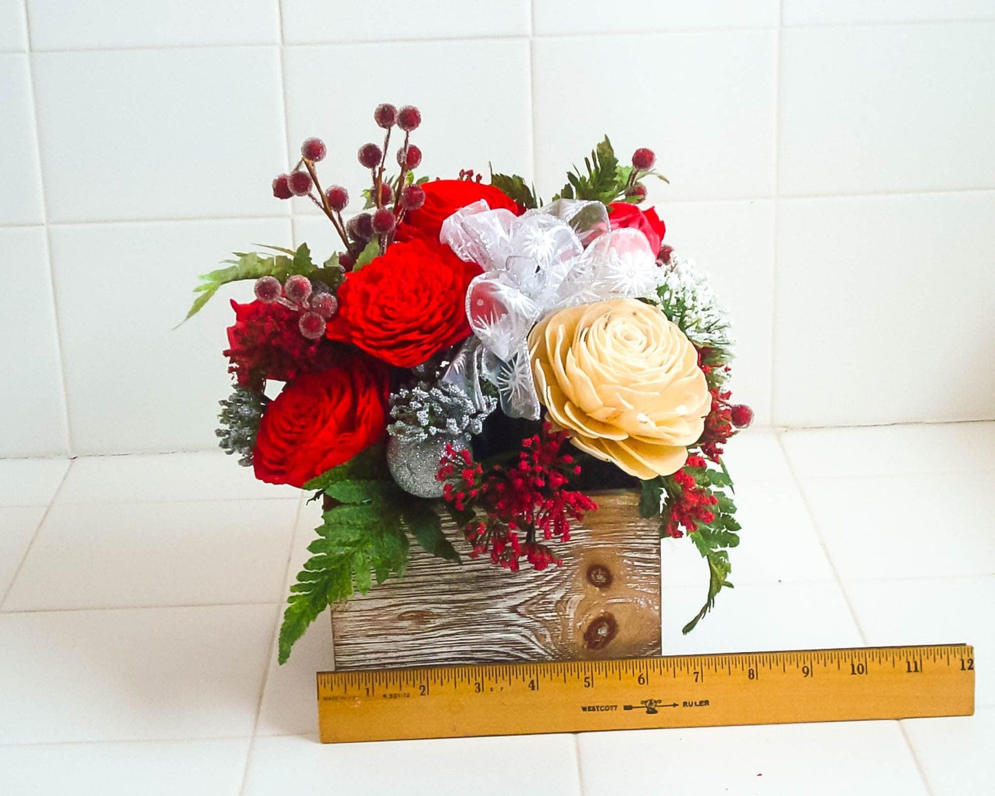 Holiday decoration,  Christmas Centerpiece with berries and sola wood flowers in a wood box, gift