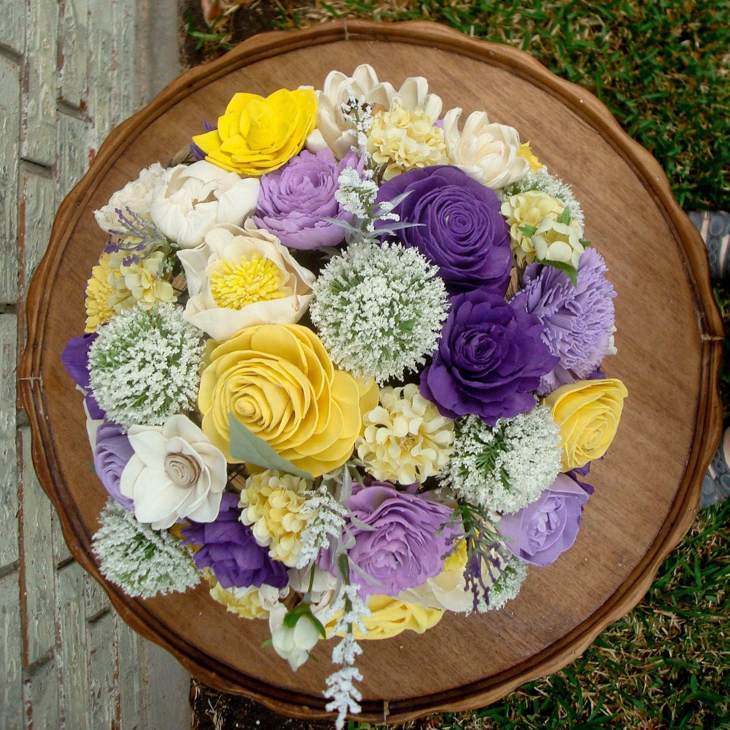 Large purple and yellow centerpiece, Gift for her, Sola Wood Flowers