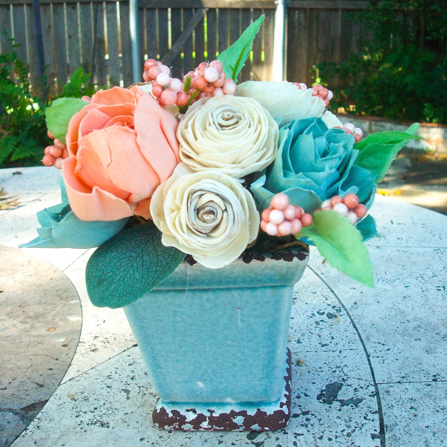 Wood Sola Flower Arrangement, Peaches/natual/ and blues in adorable ceramic vase. Get Well Flowers, Shower Centerpiece, Wedding Centerpiece