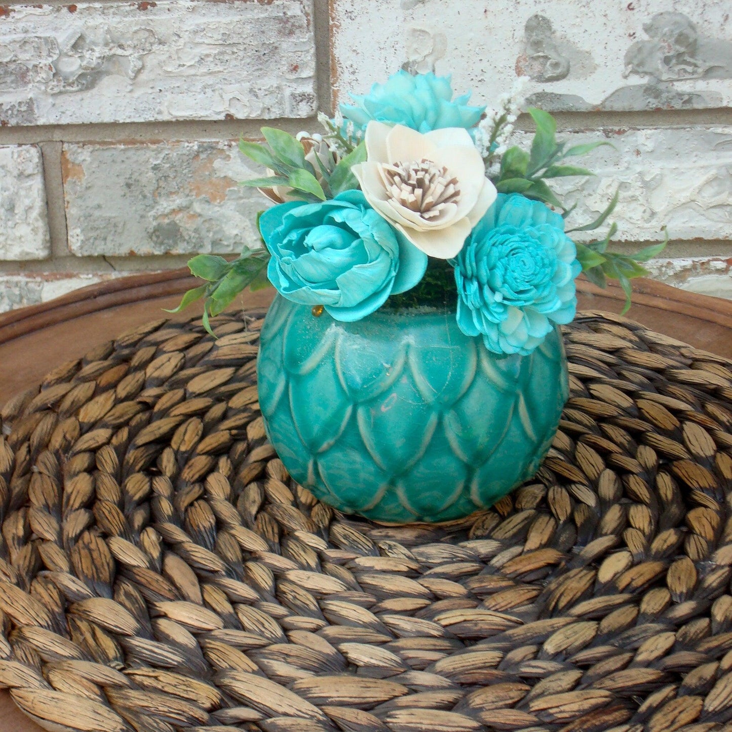 Adorable Teal and White Centerpiece in Teal Ceramic owl