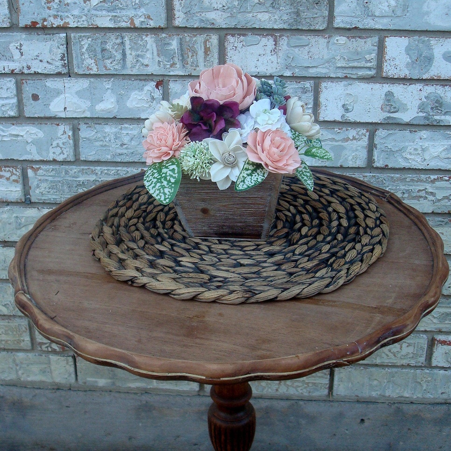 Pinks, white and burgandy florals in a wood box. Perfect for Mother's Day