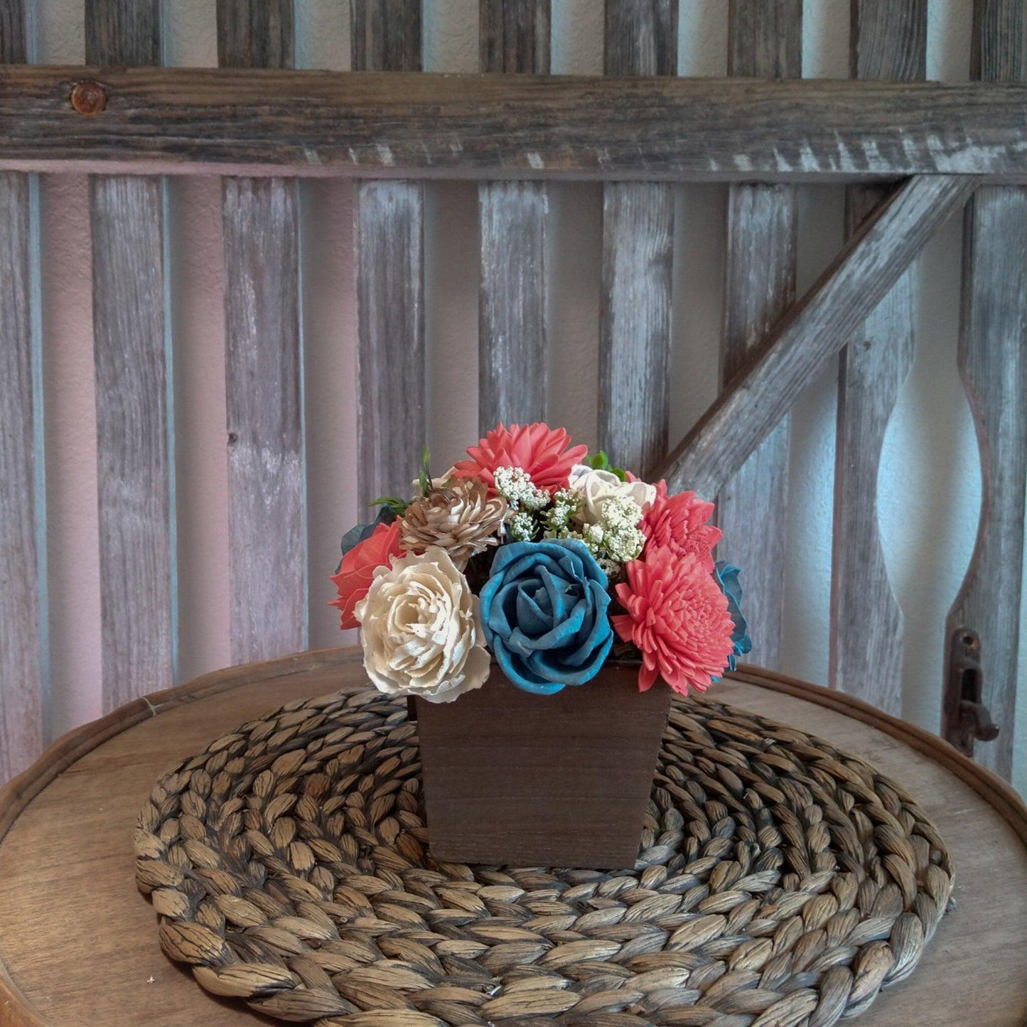 Blue and Coral Sola Wood Flower Arrangement