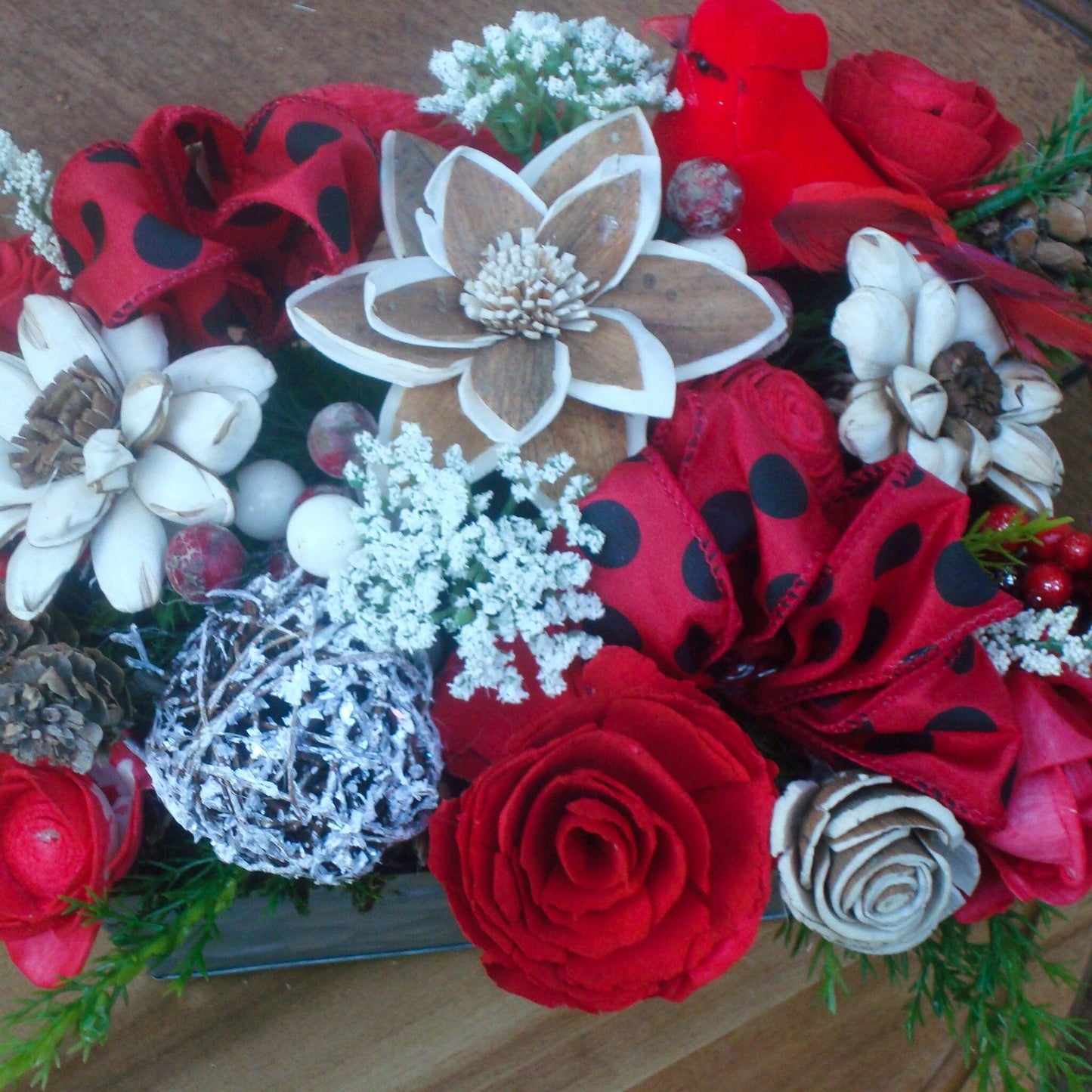 Christmas Centerpiece, Cardinal Decor, Polka Dot Chrismtas