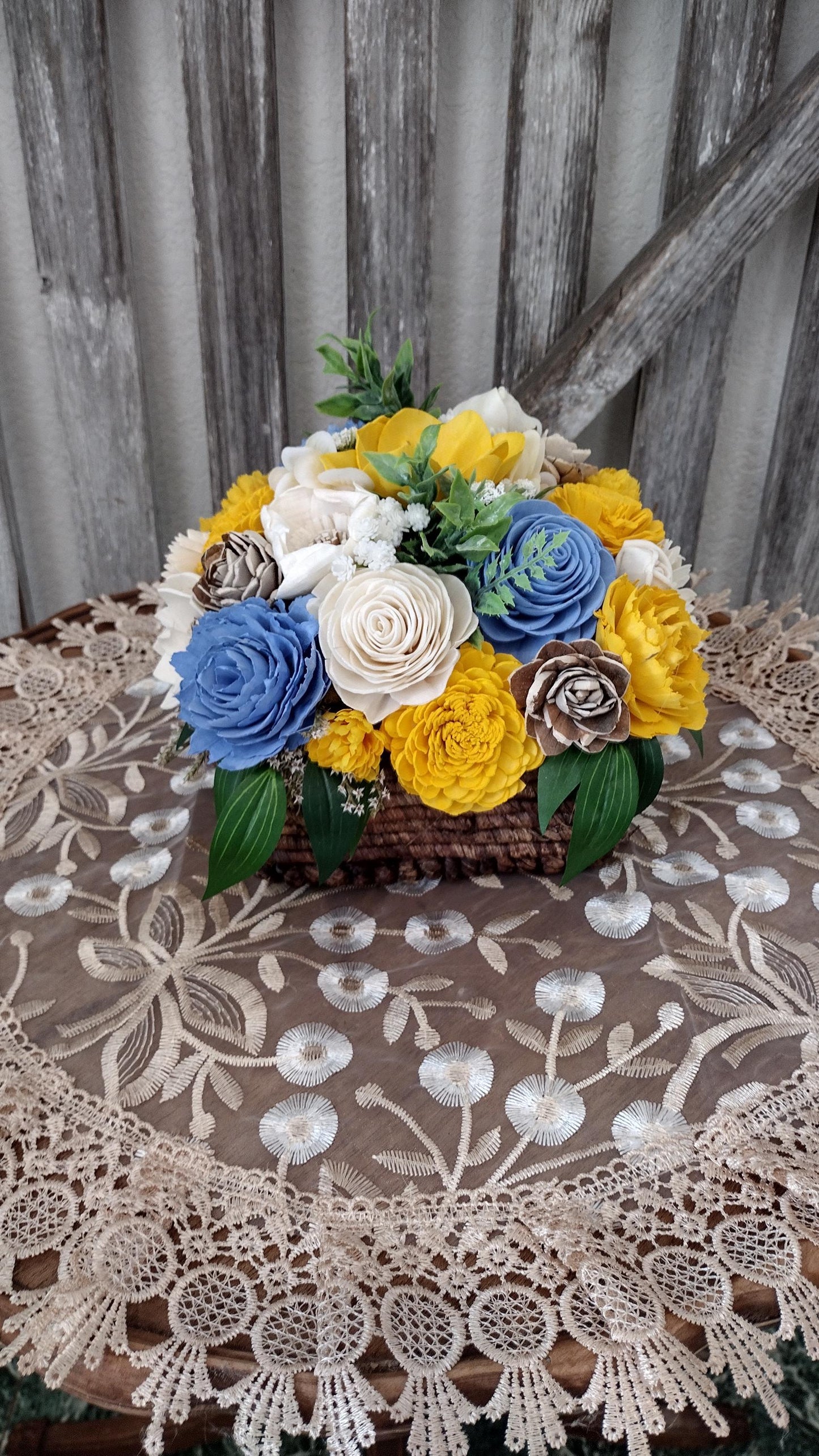 Beautiful Sola Wood flower arrangement in Yellow and Blue