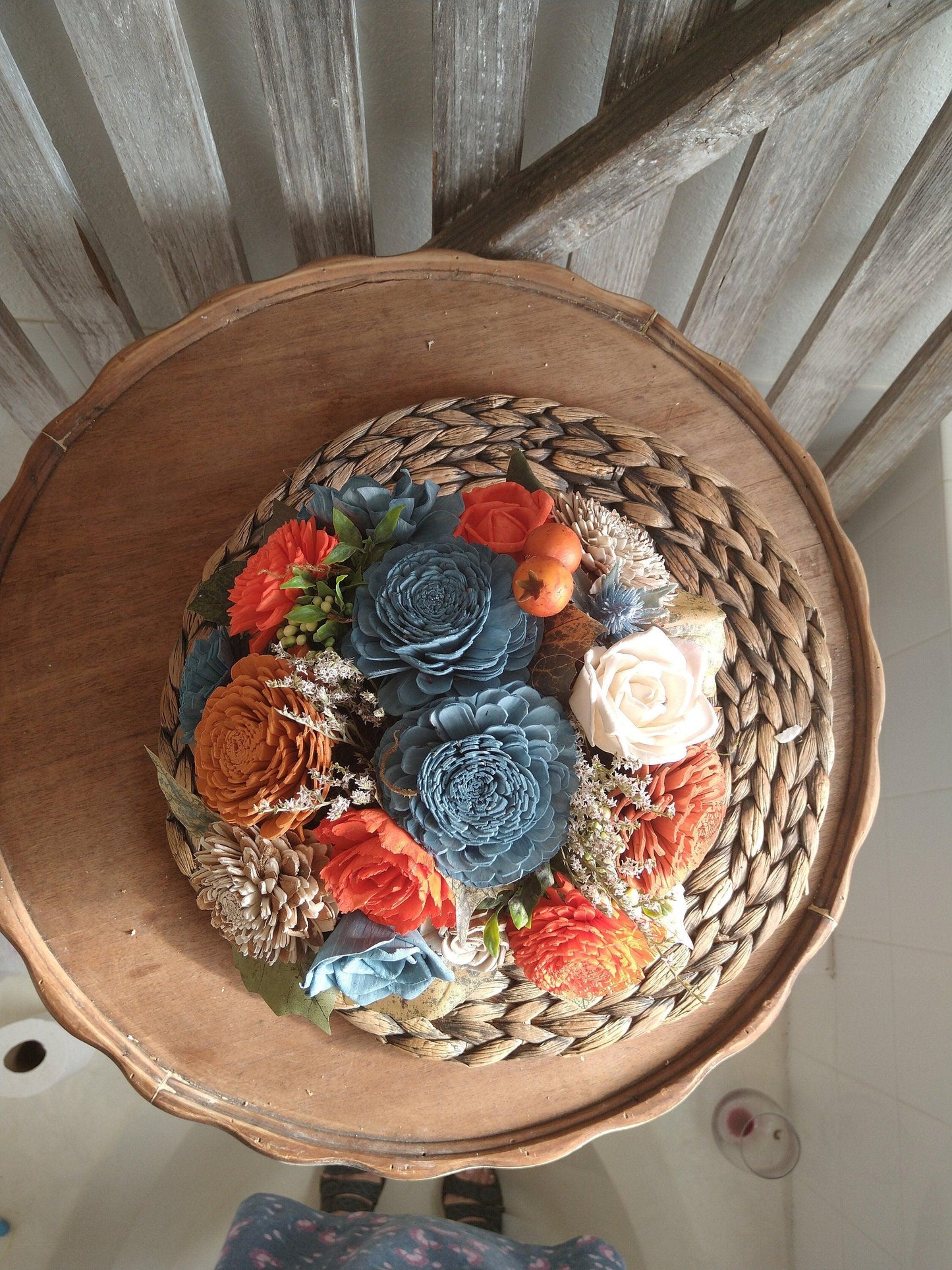 Fall oranges and Blue Sola Wood Flowers in Metal drawer